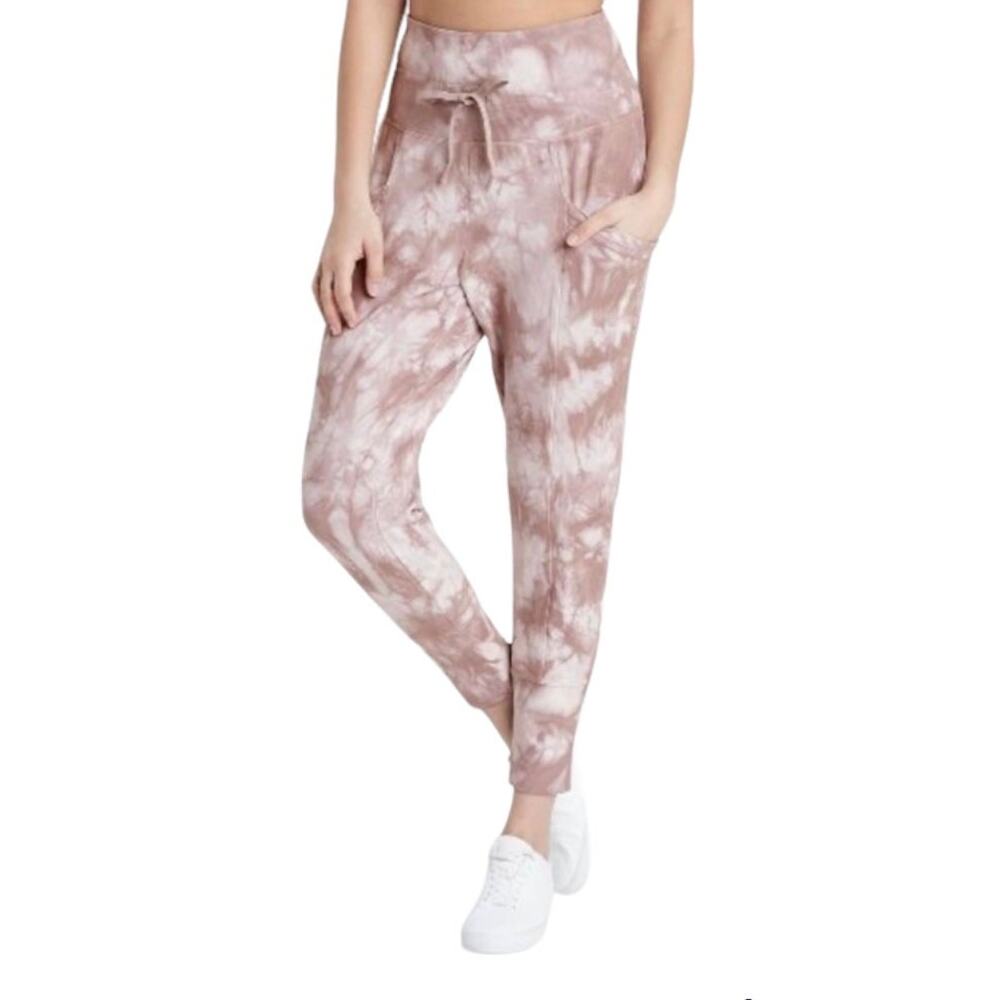 New All in Motion High Rise Tan White Tye Dye Ribbed Joggers Size Large